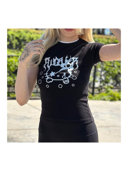 Harajuku Siyah Gotik Kedi Crop Üst