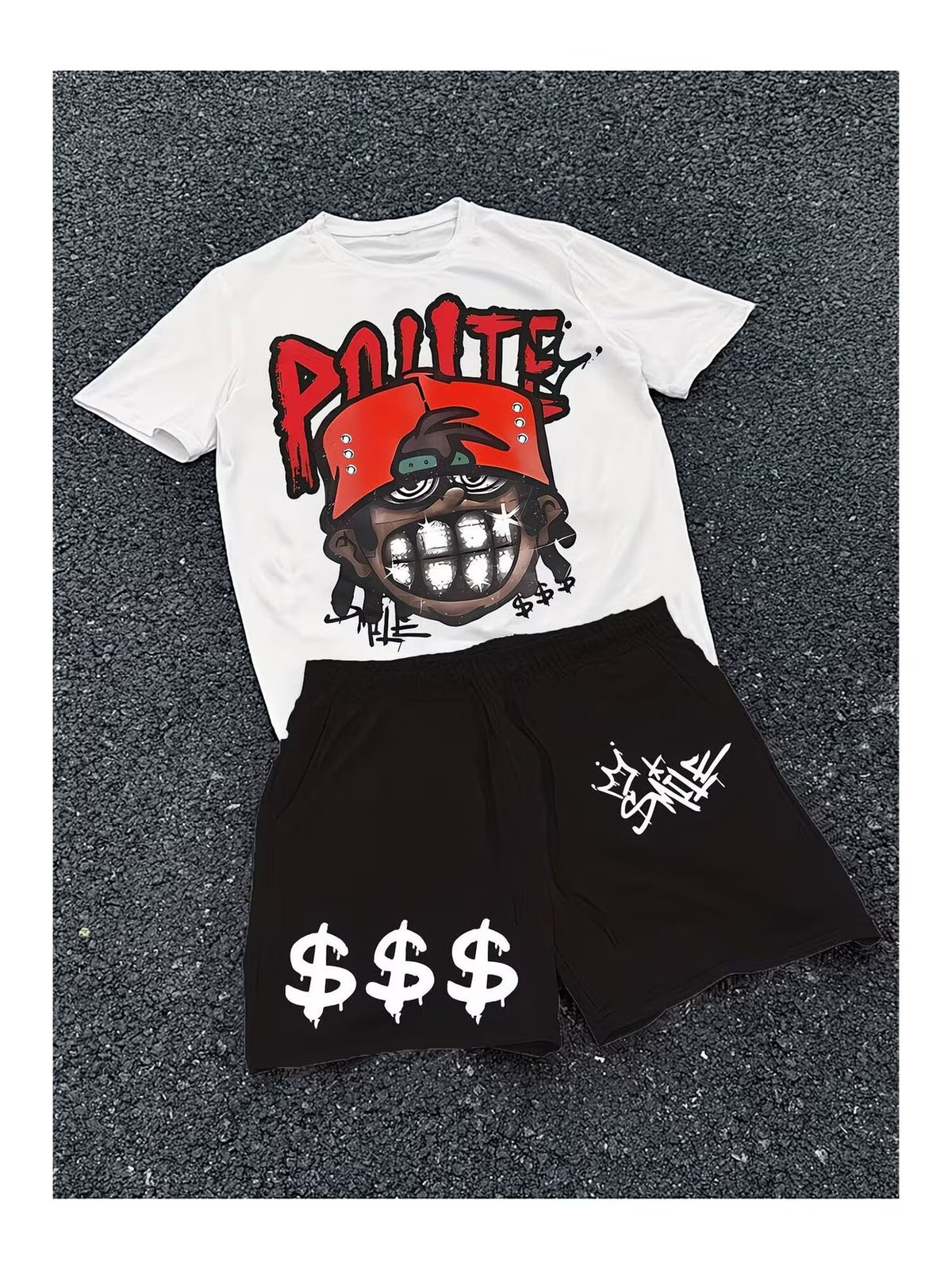 Unisex Poute Smile Baskılı Özel Tasarım Oversize Tshirt Ve Şort Alt - Üst Takım