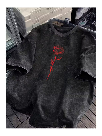Red Rose Baskılı Yıkamalı Vintage Unisex Oversize T-Shirt