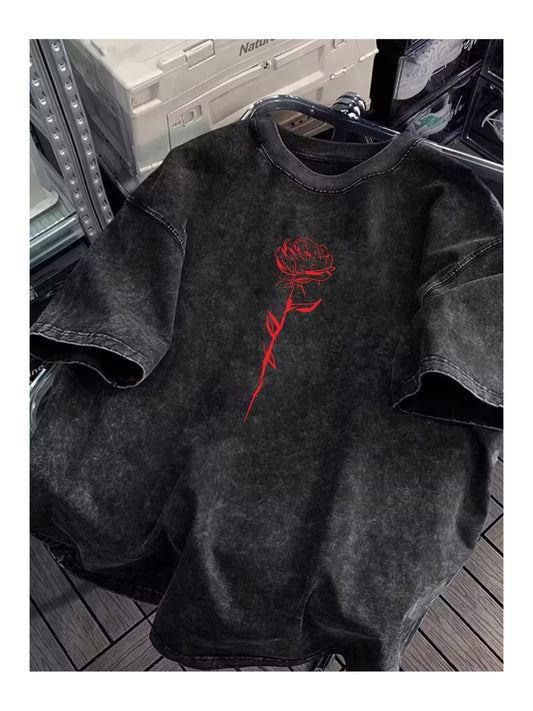 Red Rose Baskılı Yıkamalı Vintage Unisex Oversize T-Shirt